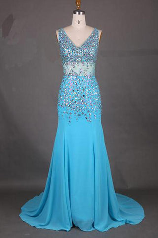 Chiffon V-Neck Mermaid Court Train Long Prom Dress With Beading