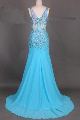 Chiffon V-Neck Mermaid Court Train Long Prom Dress With Beading