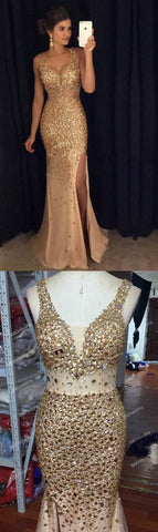 Gold Rhinestone Mermaid See Through Prom Dresses With Beading