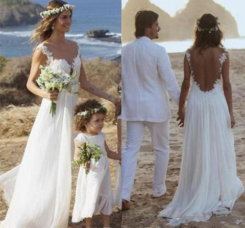 Simple White Chiffon Open Back Straps A-line Wedding Dresses with Appliques