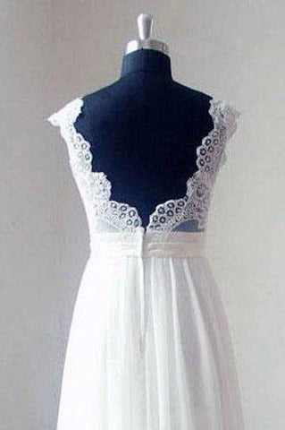 Elfenbeinfarbenes Chiffon-Spitzen-Brautkleid mit V-Ausschnitt und Schleppe, MW175