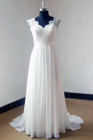 Elfenbeinfarbenes Chiffon-Spitzen-Brautkleid mit V-Ausschnitt und Schleppe, MW175