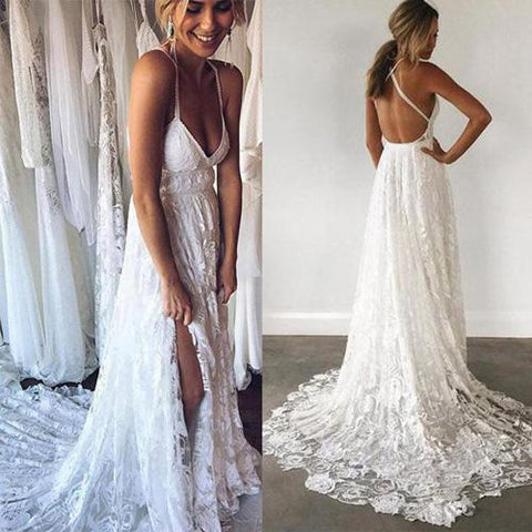 Ivory Lace Open Back Spaghetti Strap Side Split Beach Wedding Dresses