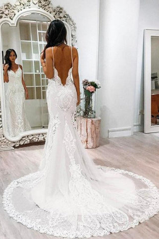 Gorgeous White Spaghetti Straps Lace Tulle Mermaid Court Train Wedding Dresses