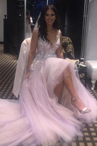 Cheap Tulle V Neck Wedding Dress With Lace Flowers, Nice Bridal Gowns