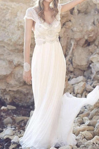 Fabulous Tulle Cap Sleeves Long Beach Wedding Dress with Lace