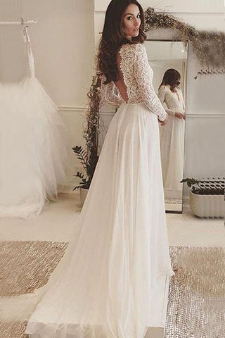 Fabulous Ivory Lace Chiffon Long Sleeves Backless V-Neck Wedding Dresses