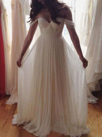 Simple Chiffon Ivory A-line Off Shoulder Summer Beach Wedding Dress