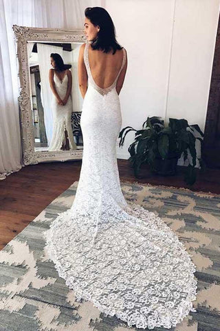 Wunderschönes weißes Meerjungfrau-Brautkleid aus Spitze mit tiefem V-Ausschnitt und Schlitz 