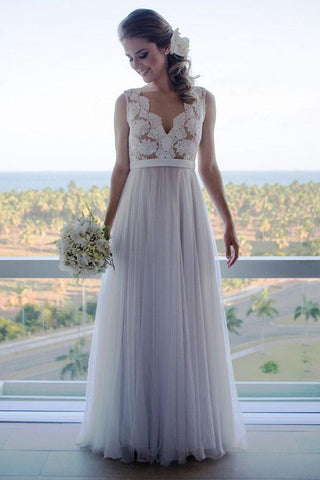 White A-line V-neck Vintage Tulle Lace Top Beach Wedding Dresses