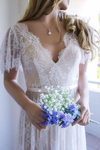 Romantic White Open Back Half Sleeves A-line Lace Long Wedding Dress
