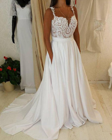 White Sweetheart Lace Top Spaghetti Straps Long Wedding Dresses with Pocket