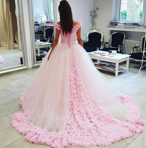 Gorgeous Pink Tulle Off shoulder Ball Gown Wedding Dresses, Quinceanera Dresses