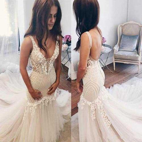 Gorgeous Ivory Tulle Mermaid V-Neck Lace Sleeveless Wedding Dresses