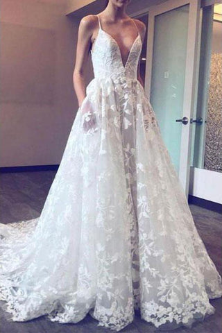Fabulous Deep V Neck Spaghetti Straps Lace Applique Ball Gown Wedding Dresses