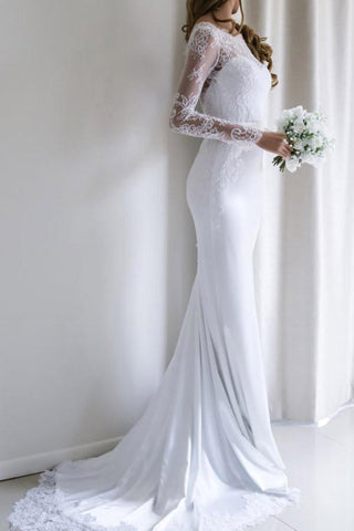 Fabulous White Long Sleeves Mermaid Lace Long Wedding Dress with Train