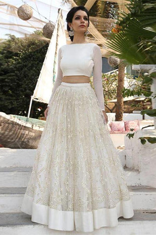 Two Piece Ivory A Line Cheap Bridal Dresses, Long Sleeves Lace Wedding Dress