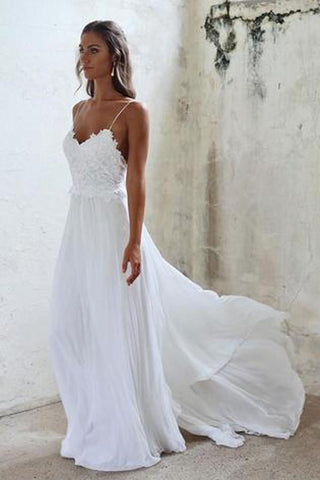 White Spaghetti Straps Open Back Lace Beach Wedding Dresses