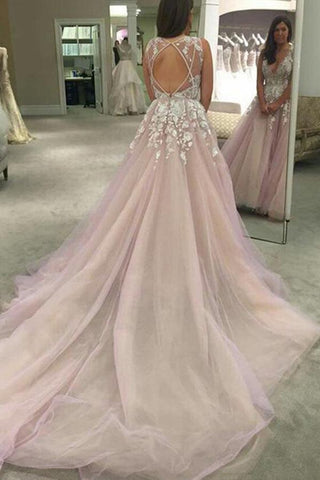 Pink A-line V-neck Sheer Back Long Wedding Dresses with Appliques