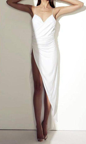 Weißes Satin-Brautkleid mit transparentem Rücken und Seitenschlitz 