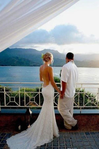 Simple Open Back Vintage Mermaid Spaghetti Straps Lace Beach Wedding Dress