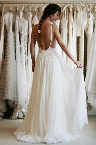 White Chiffon Spaghetti Straps Simple Lace Backless Cheap Wedding Dresses