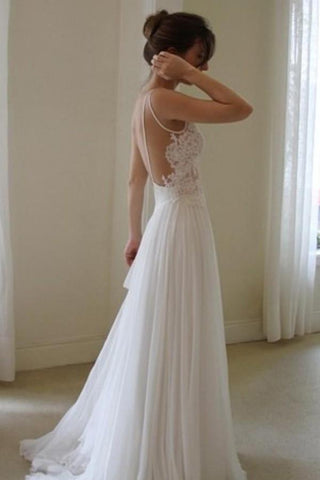 White Chiffon Spaghetti Straps Simple Lace Backless Cheap Wedding Dresses