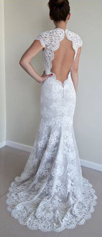 White Mermaid Lace Round Neck Open Back Half Sleeves Wedding Dresses
