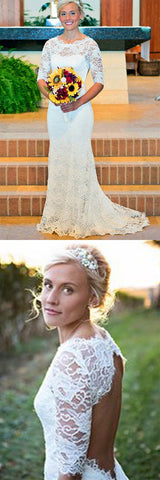 White Mermaid Lace Round Neck Open Back Half Sleeves Wedding Dresses