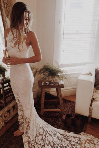 Lace Mermaid Halter Princess Backless Romantic Beach Wedding Dresses