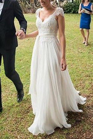 Elegant Ivory Lace Open Back Cap Sleeves Beach Wedding Dress Bridal Gowns
