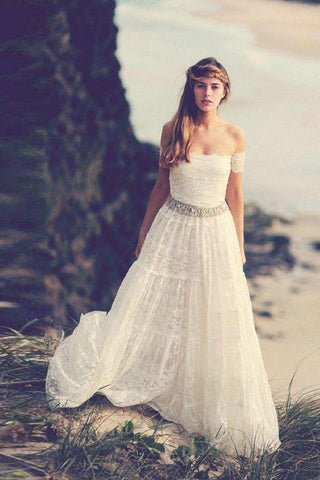 White Open Back Off Shoulder Beading Belt Beach Wedding Dresses