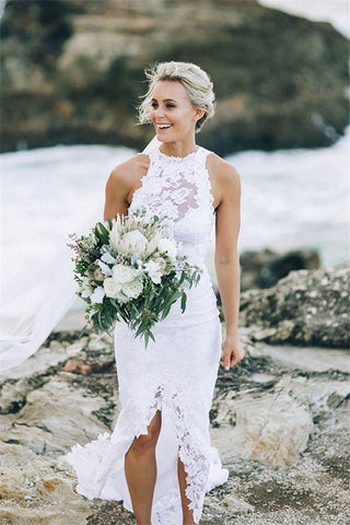 Halter Lace Sweep Train Beach Wedding Dresses, Appliques Wedding Gown