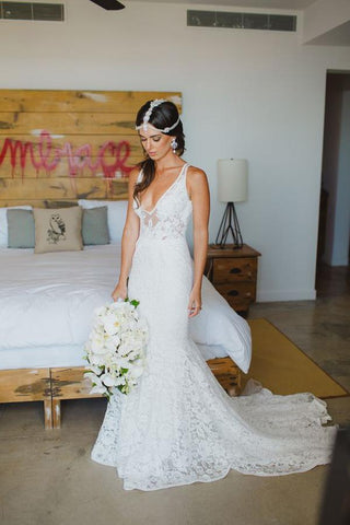 White Tulle Deep V Neck Wedding Dresses with Sweep Train and Appliques