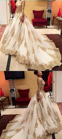 Gold Lace Beaded V-Neck Long Sleeves Ball Gown Wedding Dresses with Chapel Train