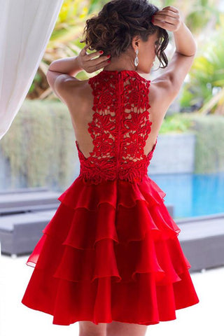 Lace Scoop Neck A-line Chiffon Tiered Homecoming Dress, Short Prom Dresses