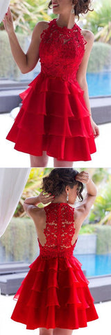 Lace Scoop Neck A-line Chiffon Tiered Homecoming Dress, Short Prom Dresses