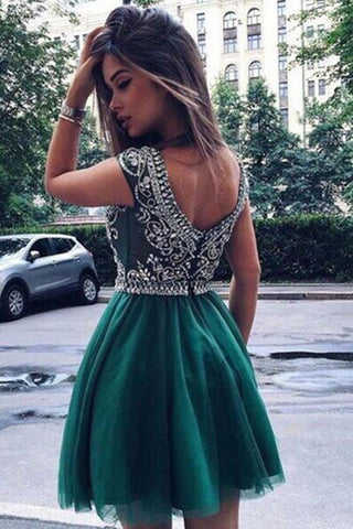 Günstiges kurzes A-Linien-Ballkleid aus mit Perlen besetztem Tüll, Homecoming-Kleider 
