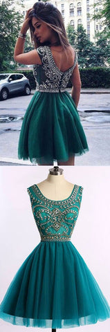 Günstiges kurzes A-Linien-Ballkleid aus mit Perlen besetztem Tüll, Homecoming-Kleider 