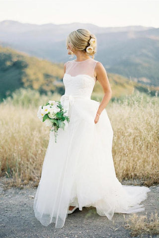 Elegant White Tulle High Neck Floor Length Wedding Dresses, Bridal Gowns