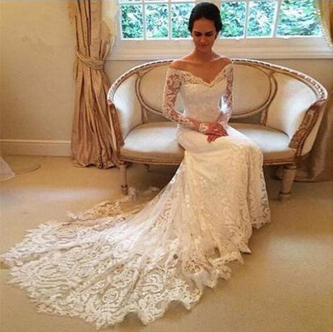 White Long Sleeves Off Shoulder Lace Sweep Train Wedding Dresses