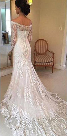 White Long Sleeves Off Shoulder Lace Sweep Train Wedding Dresses