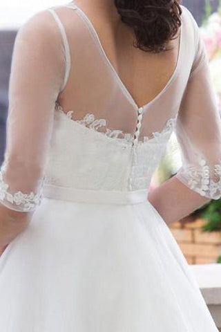 Günstige weiße A-Linie Tüll Brautkleider mit U-Ausschnitt und Schleppe, MW124