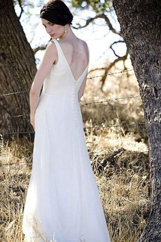 Simple Chiffon Ivory A-line V-neck Floor Length Beach Wedding Dresses
