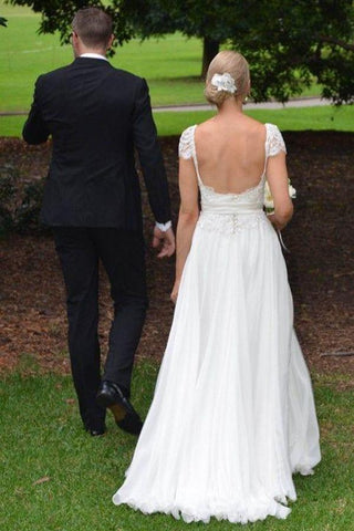 Elegant Ivory Lace Open Back Cap Sleeves Beach Wedding Dress Bridal Gowns