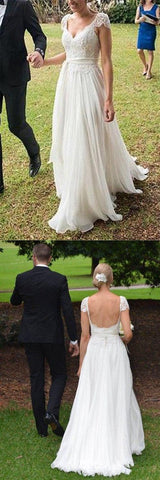 Elegant Ivory Lace Open Back Cap Sleeves Beach Wedding Dress Bridal Gowns