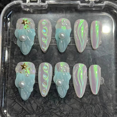 10pcs Handmade Mermaid Fake Nails Short Almond Glossy Cat's Eye Press On Nail With 3D Swan Designs Purple French False Nail Tips