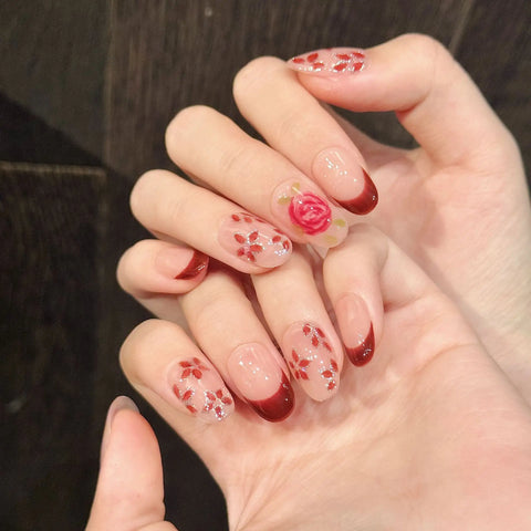 10pcs Romantic Rose Handmade Press On Nails Hand-painted Red Flower Designs False Nail Short Almond French Style Fake Nails