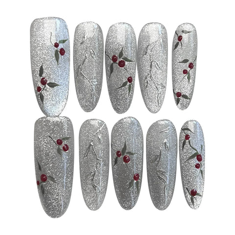 10pcs Handmade Sliver Fake Nails Long Almond Flash Cat's Eye Press On Nails Hand Painted Cherry Designs False Nail For Women
