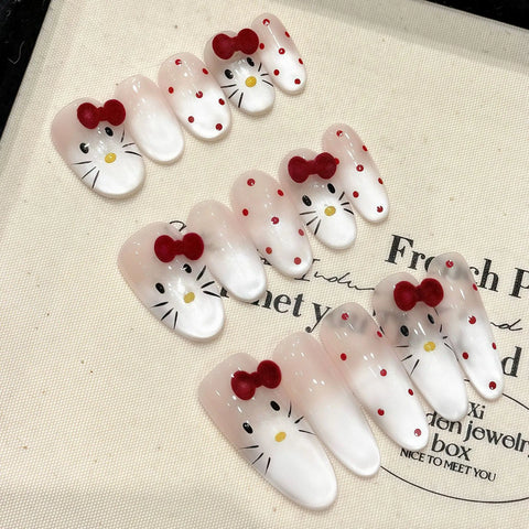 10pcs Hand-painted Cat's Eye Press On Nails Kawaii Cat 3D Bowknots Decor False Nails Glossy Almond Simple Charming Fake Nail Tip